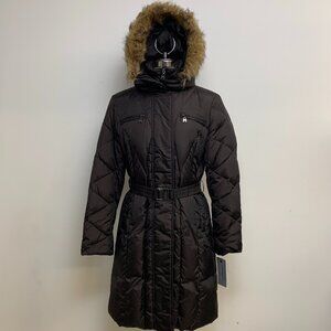 New! Andrew Marc Chocolate Brown Down Jacket Faux Fur Hooded Women's size S